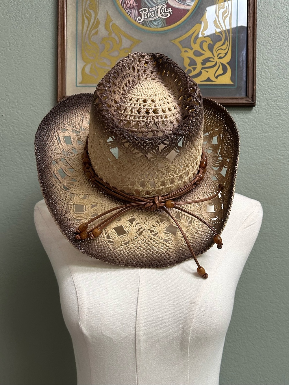 Woven Straw Western Cowboy Hat with Beaded Leather Band - Brown Ombre